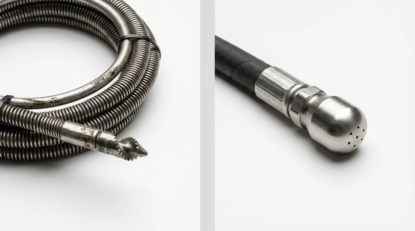 Drain snake cable and hydro jetting nozzle used for drain cleaning in Beaver Dam, WI